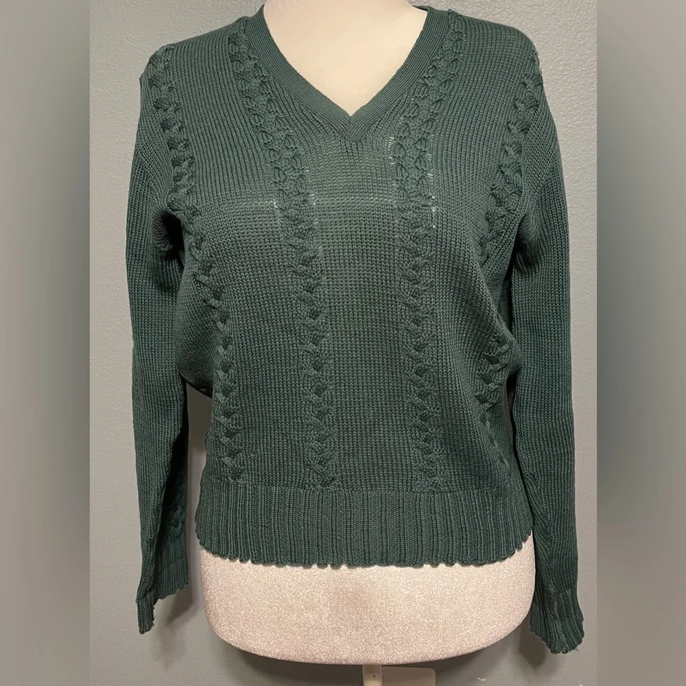 Forest Green Cable Knit Sweater 100% Wool Pullover Cozy Knit Preppy Medium - Picture 2 of 6